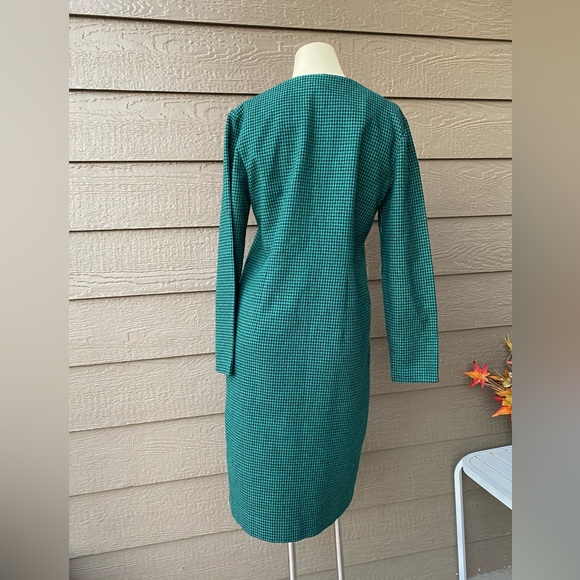 Vintage Wool Dress Houndstooth Pattern Black Green Long Sleeve Tailored M - Picture 3 of 15